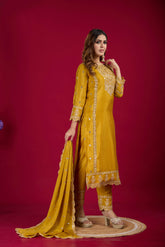 Presenting Pure Heavy Chinnon Silk Embroidery Coding Sequence Work Yellow color Top-Bottom